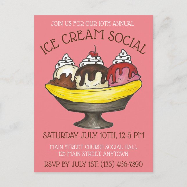 Ice Cream Social Party Dessert Banana Parco Tassin Einladungspostkarte (Vorderseite)