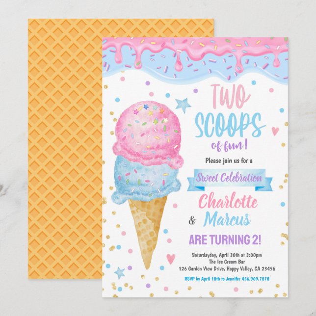 Ice Cream Twins Boy Girl Birthday Party Pink Blue Einladung (Vorne/Hinten)