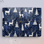 Ice Crystal Christmas Deer Cobalt Blue Geschenkpapier<br><div class="desc">Diese skurrile Geschenkpackung bietet eine festliche nordische Waldlandschaft mit Hirsch,  Weihnachtsbäumen und Schneeflocken. Mit winzigen goldenen Sternen,  ist es bereit,  eine Touch der Magie und Staunen zu Ihren Winterferien mit Ihren Lieben hinzuzufügen. Mitternachtsblauer Hintergrund,  weißes Reh und Bäume,  kobaltblaue Schneeflocken. Originelle Kunstwerke von Marketa Stengl.</div>