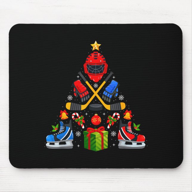 Ice Hockey Christmas Tree Lights Red Santa Hat Xma Mousepad (Vorne)