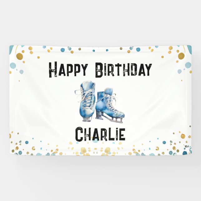 Ice Skaten Birthday Blue Gold Party Banner (Horizontal)