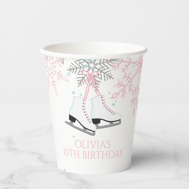 Ice Skaten Blue Pink Snowflakes Geburtstag Pappbecher (Vorderseite)