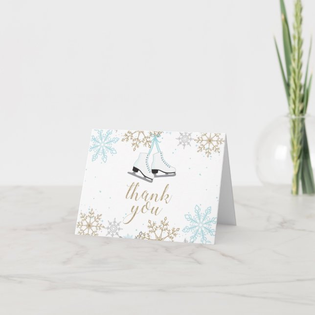Ice Skaten Blue Silver Gold Snowflakes Geburtstag Dankeskarte (Vorderseite)