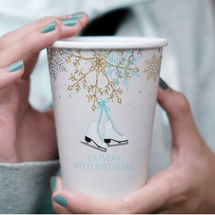 Ice Skaten Blue Silver Gold Snowflakes Geburtstag Pappbecher