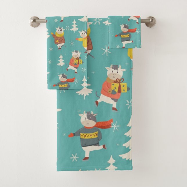 Ice Skaten Cows Weihnachtsmuster Badhandtuch Set (Insitu)