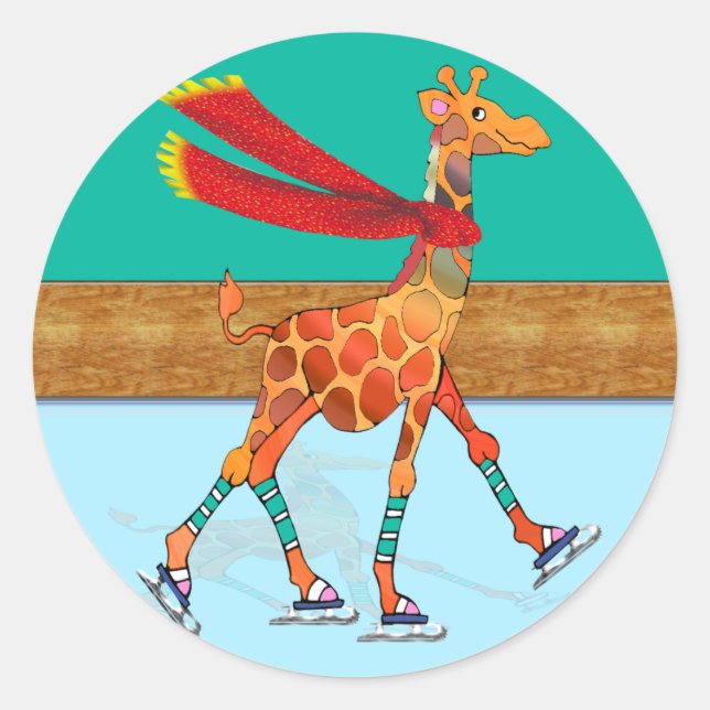 Ice Skaten Giraffe mit Scarf am Rink Runder Aufkleber (Vorderseite)