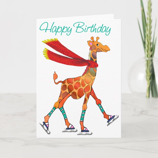 Ice Skaten Giraffe mit Scarf Geburtstag Karte (Vorderseite)