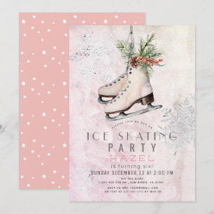 Ice Skaten Party Frozen Schneeflocken Rosa Geburts Einladung