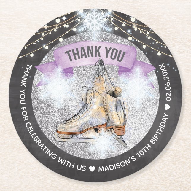 Ice Skaten Party Personalisiert Silver Glitzer Runder Pappuntersetzer (Vorderseite)