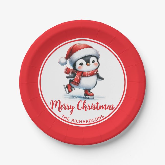Ice Skaten Penguin White Red Frohe Weihnachten fro Pappteller (Vorderseite)