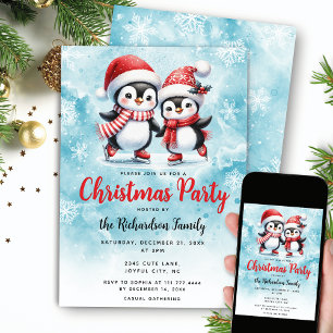 Ice Skaten Penguins Blaues Weihnachtsfest Party Einladung