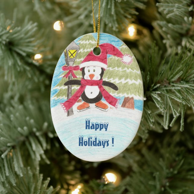 Ice Skaten Pinguin, Happy Holidays ! Keramik Ornament (Baum)