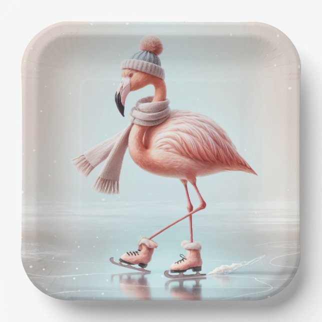 Ice Skaten Pink Flamingo Pappteller (Vorderseite)