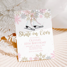 Ice Skaten Pink Gold Glitzer Schneeflocken Geburts Einladung