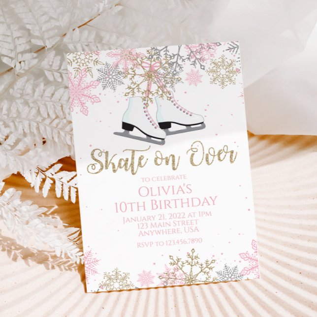 Ice Skaten Pink Gold Glitzer Schneeflocken Geburts Einladung (Von Creator hochgeladen)