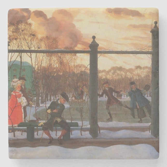 Ice Skaten Rink im Winter (von Konstantin Somov) Steinuntersetzer (Vorderseite)