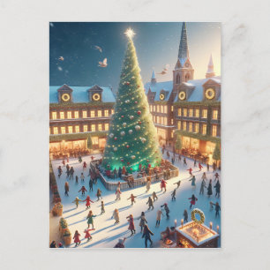 Ice-Skaten rund um eine weiße weiße Weihnachtsbaum Feiertagspostkarte
