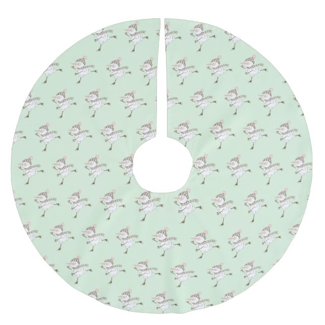 Ice Skaten Snowmen Green Polyester Weihnachtsbaumdecke (Vorderseite)