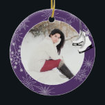Ice Skates and Snowflakes with Photo Ceramic Ornam Keramik Ornament<br><div class="desc">Ice skaters will love this beautiful snowflake photo ornament. Vintage white ice skate hang from their laces on this pretty ornament in plum and white with color options to suit your needs and a favorite photo. Edit name and year or add text for competitions and shows or maybe it's a...</div>