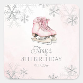Ice Skating Pink Silver Glitter Snowflake Birthday Quadratischer Aufkleber