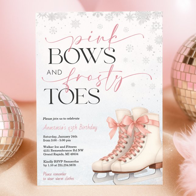 Ice Skating Teen Birthday Invitation - Pink Bow Einladung (Ice Skating Teen Birthday Invitation - Pink Bows and Frosty Toes
)