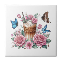 Iced Coffee & Butterfly Floral Ceramic Tile Fliese