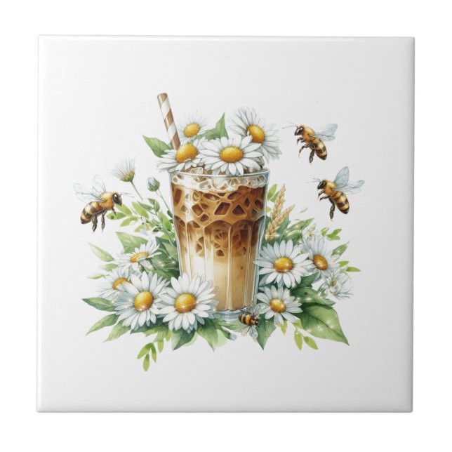 Iced Coffee & Daisy Garden Art Fliese (Vorderseite)