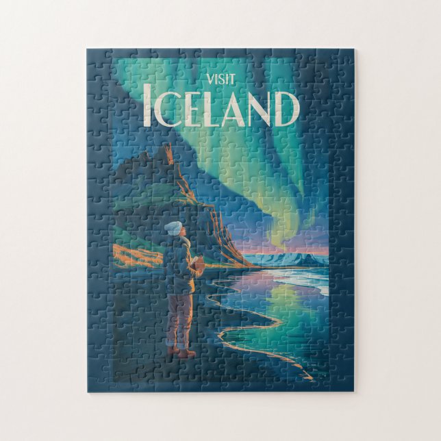 Iceland Northern Lights Illustration Travel Art Vi (Vertikal)