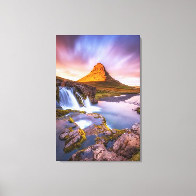 Iceland sunset, beautiful landscape with waterfall leinwanddruck (Vorderseite)