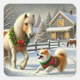 Icelandic Horse and Dog Christmas Sticker