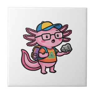 Ich Axolotl Fragen Schulkind hält Stein Neugierde Fliese