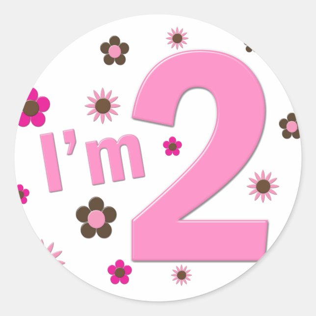 "Ich bin 2" Blume in Rosa und Braun Runder Aufkleber (Vorderseite)