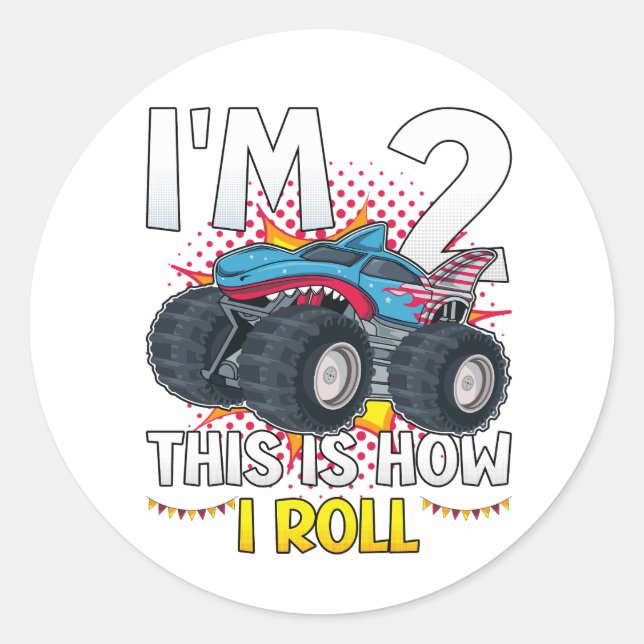 Ich bin 2 So rolle ich Monster Truck Runder Aufkleber (Vorderseite)