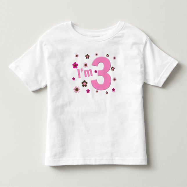 "Ich bin 3" Rosa u. Brown-Blumen Kleinkind T-shirt (Vorderseite)