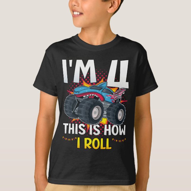 Ich bin 4 So rolle ich Monster Truck Boy T-Shirt (Vorderseite)