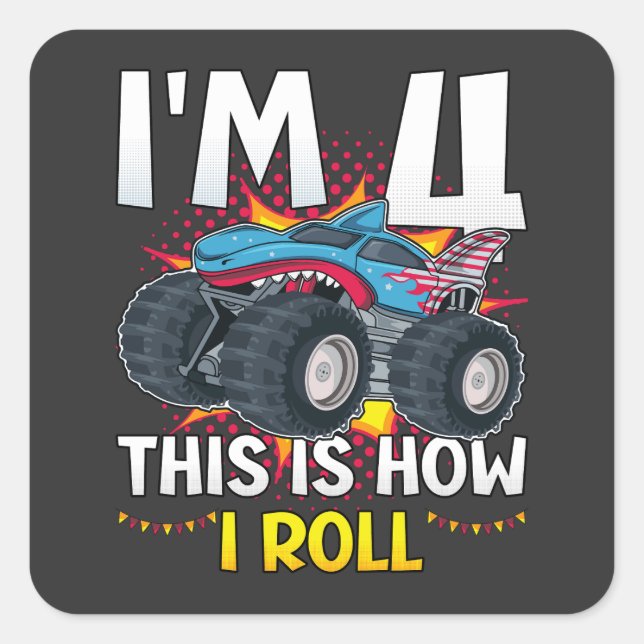 Ich bin 4 So rolle ich Monster Truck Quadratischer Aufkleber (Vorderseite)