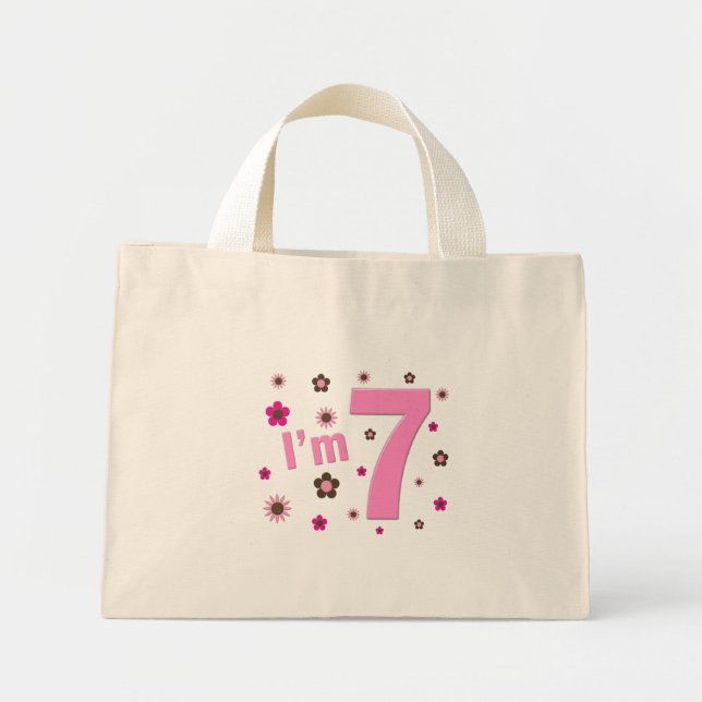 Ich bin 7 rosa und braune Blume Mini Stoffbeutel (Vorne)