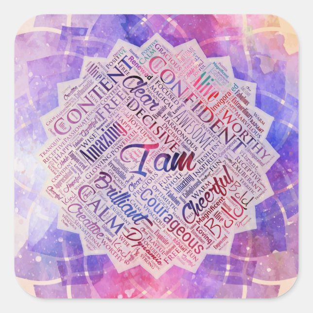 Ich bin Affirmation Word Cloud Art in lotus Quadratischer Aufkleber (Vorderseite)