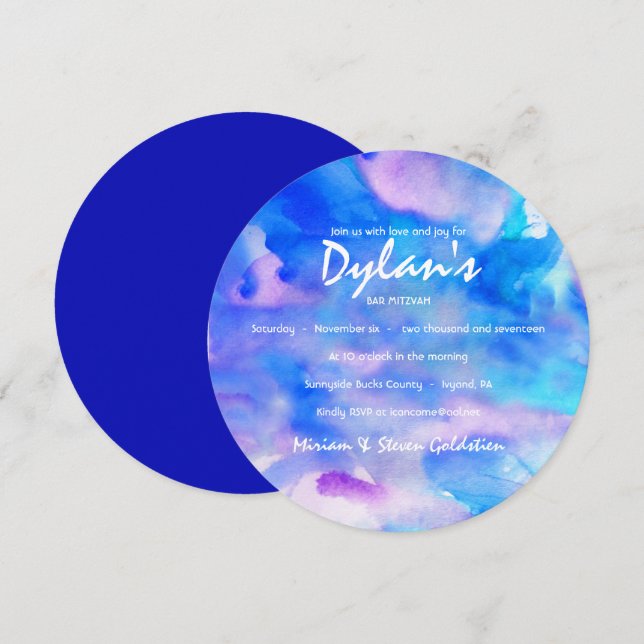ICH BIN BLUE WATERCOLOR Bat Mitzvah Einladung (Vorne/Hinten)