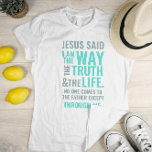 Ich bin der Way T - Shirt in Pastellfarben<br><div class="desc">Christlicher T - Shirt mit dem biblischen Vers von Johannes 14:6 Jesus sagte ihm: "Ich bin der Weg, die Wahrheit und das Leben. Niemand kann zum Vater kommen, außer durch mich." Die Verse sind in blauen Pastellfarben und in gemischter Kalligraphie & minimalistischer Typografie. Dieses trendige, moderne Design ist das perfekte...</div>