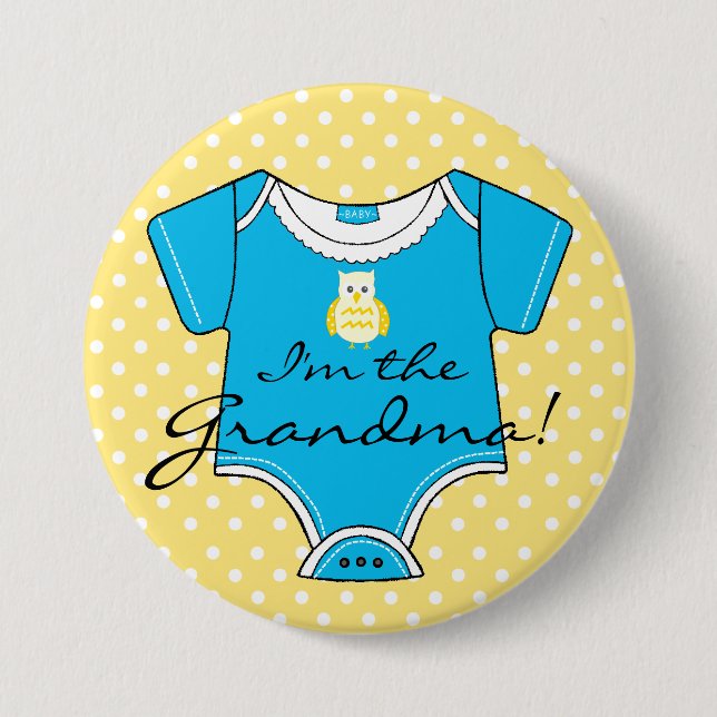 Ich bin die Großmutter-gelbe und blaue Babyparty Button (Vorderseite)