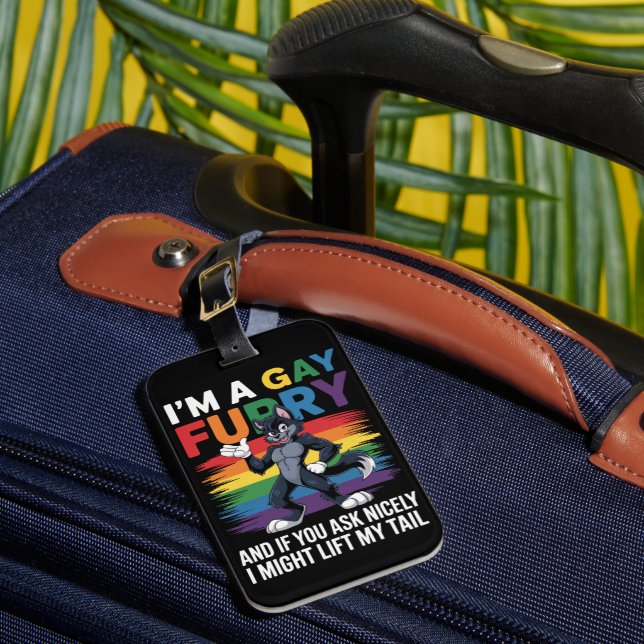 Ich bin ein Gay Furry Rainbow Fox Wolf Pride Monat Gepäckanhänger (Vorderseite Insitu 1)