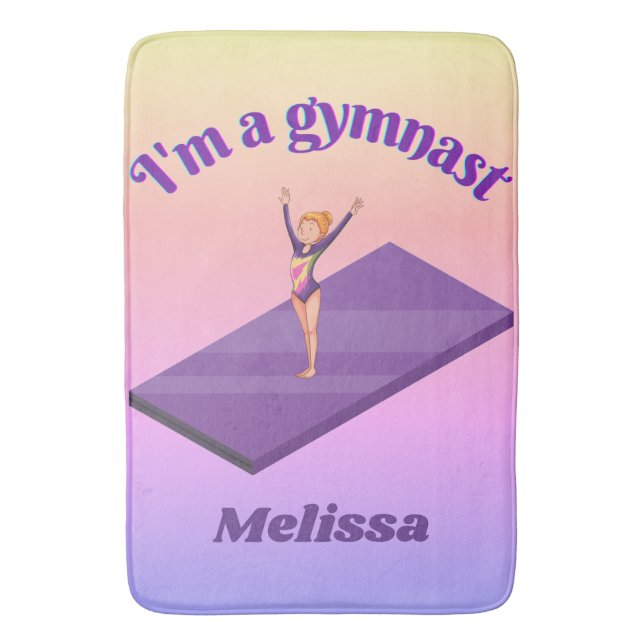 Ich bin ein Gymnastikmädchen mit Leotard auf Lila  Badematte (Vorderseite Vertikal)
