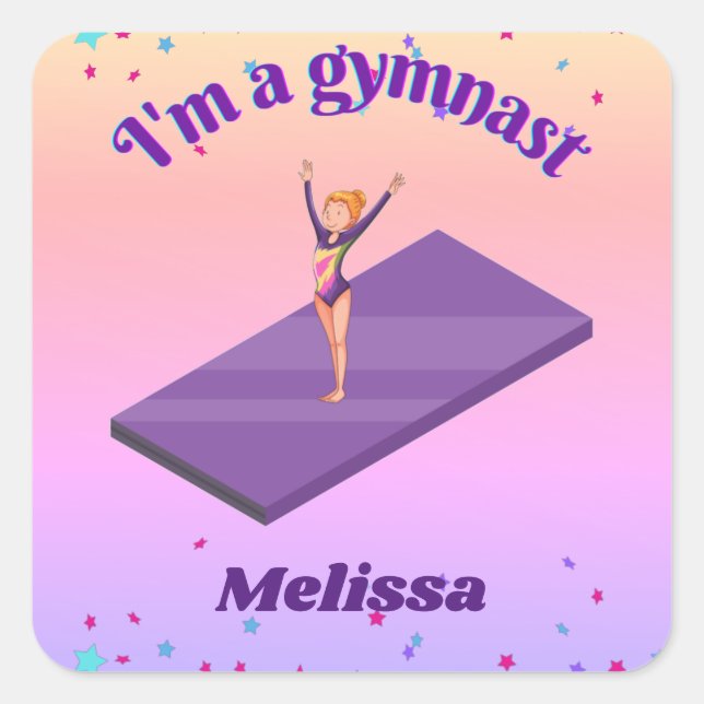 Ich bin ein Gymnastikmädchen mit Leotard auf Lila  Quadratischer Aufkleber (Vorderseite)