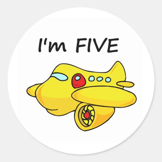 Ich bin fünf, gelbes Flugzeug Runder Aufkleber (Vorderseite)