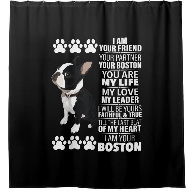 Ich bin Ihr Freund Ihr Partner Ihr Boston Terrier Duschvorhang (Vorderseite)