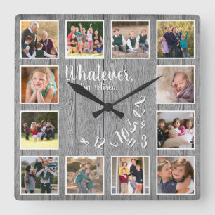 Ich bin im Ruhestand Foto-Collage Rustikales Holz  Quadratische Wanduhr