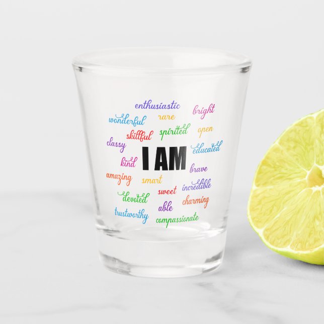 Ich bin inspirierend, positiv, religiös, Christlic Schnapsglas (Vorderseite)