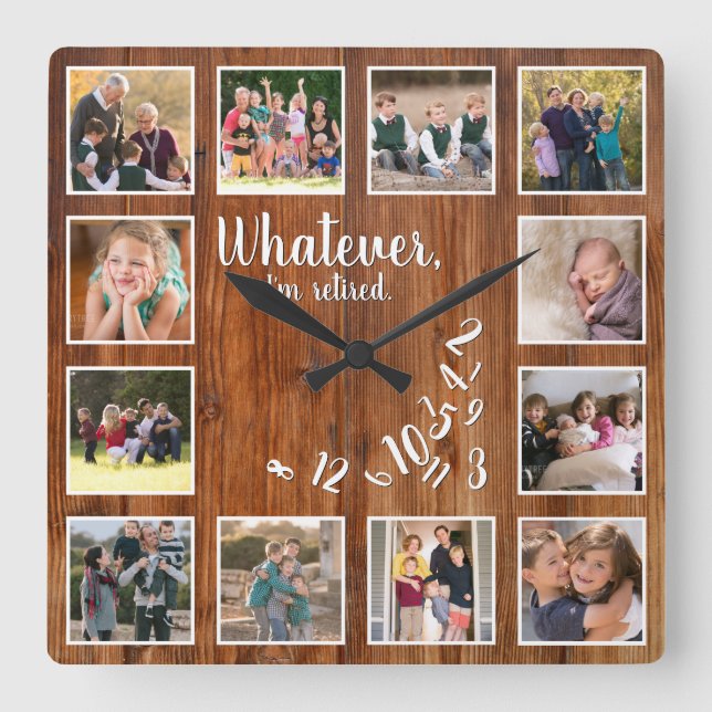 Ich bin müde Foto Collage Rustic Wood Ruhestand Quadratische Wanduhr (Vorderseite)