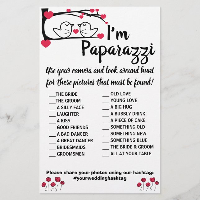 Ich bin paparazzi Game Card Love Bird Wedding Flyer (Vorne)